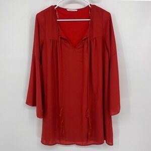 Newbury Kustom Mini Dress Small Red Bell Sleeve Tassel Neck Boho Fall Boots
